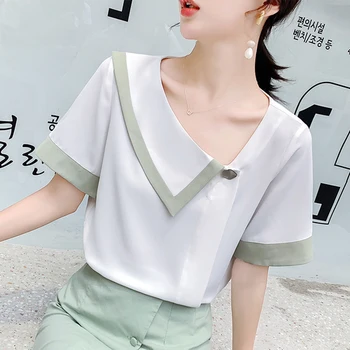 

Summer Fashion Women Work Wear Office Lady Business Shirts Blouses Short Sleeve Design Chiffon Button Patchwork Tops Clothes