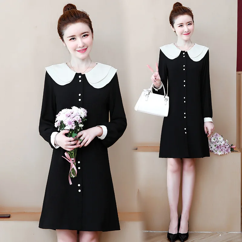 

2019 Autumn New Style Mid-length Peter Pan Collar Solid Color Dress Women's Elegant College Style Large Size Loose-Fit Black Dre