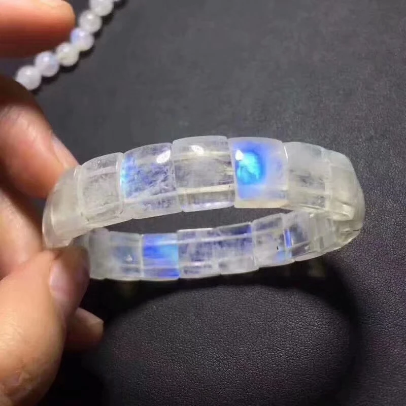 12mm Genuine Natural Blue Light Moonstone Crystal Clear Rectangle Beads Bracelet Women Men Healing Stone Certificate AAAAA