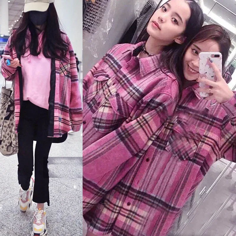 Yang Mi Ouyang Nana, стиль знаменитостей, в клетку, осень и зима, 18, стиль, свободный крой, BF стиль, шерстяное, средней длины, пальто для женщин, 8545