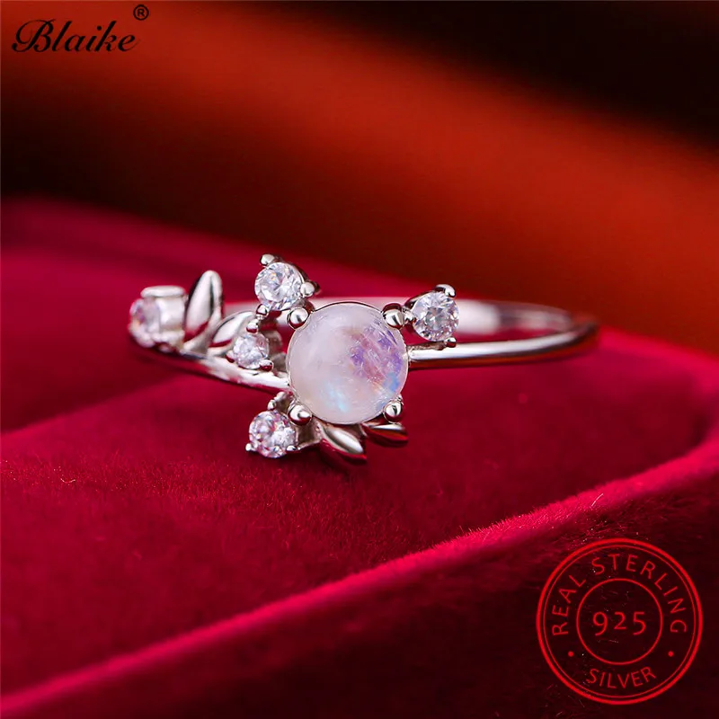 Изысканное тонкое кольцо с листьями дерева, круглый лунный камень, кольца для женщин, обручальные кольца, 925 пробы, серебряное кольцо с белым опалом, обручальное ювелирное изделие