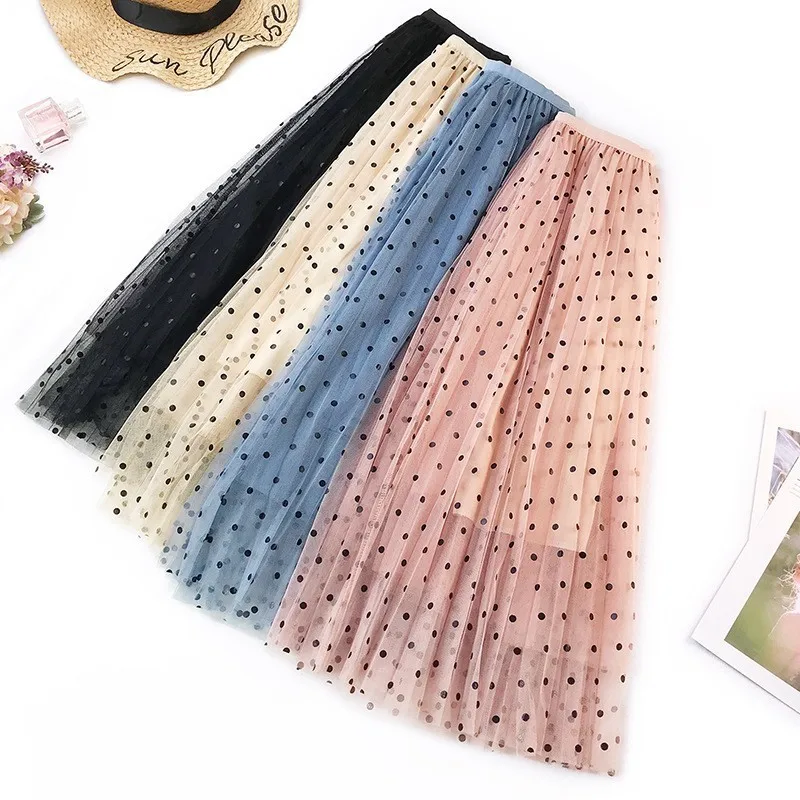

Tulle Skirt Women Fashion 2020 Spring Elegant Polka Dot Long Skirt Female High Waist Pleated Midi Skirt Black White Pink