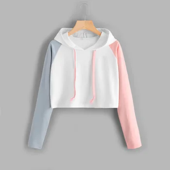 

Paris girl Alien Print Contrast Sleeve Graphic Hoodie Women Patchwork Long Sleeve Crop Top Active Pullovers Casual Sweatshirt