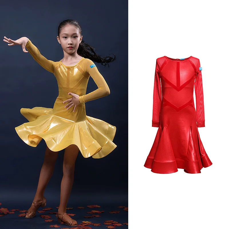 

New Long Sleeves Latin Dance Dress For Children Girls Competition Ballroom Kids Tango Salsa Dancewear Practice Wear Cha Cha