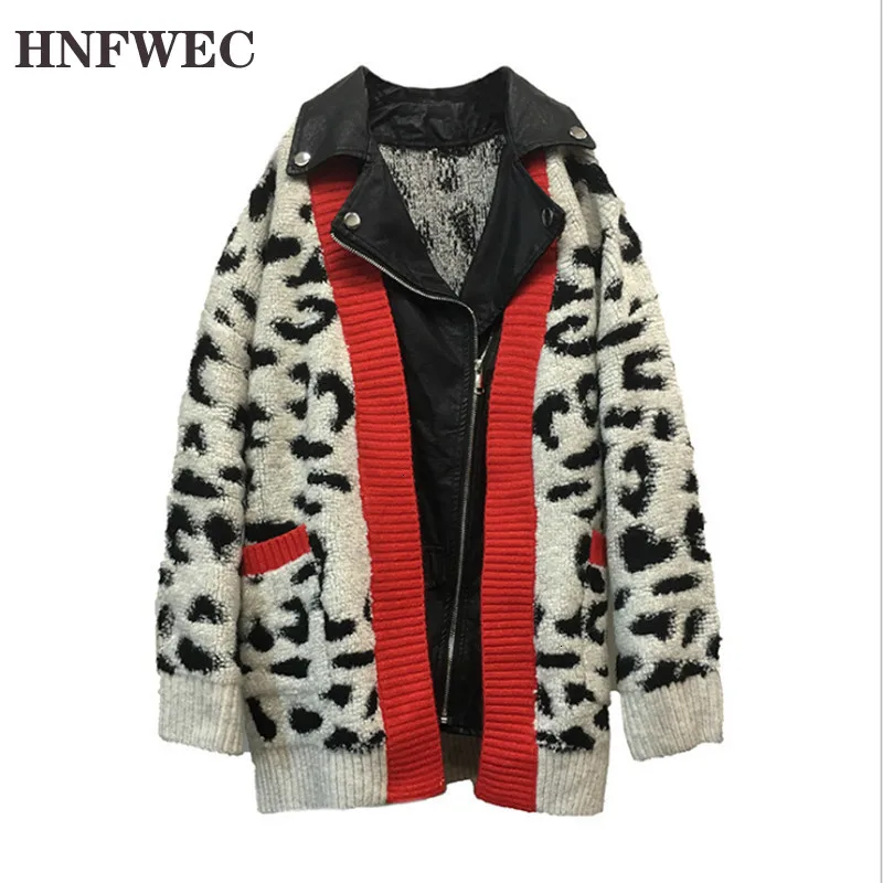 Leopard Patchwork PU Leather Sweater Female Lapel Collar Long Sleeve Hit Color Knitted Autumn Women 2019 New D748 |
