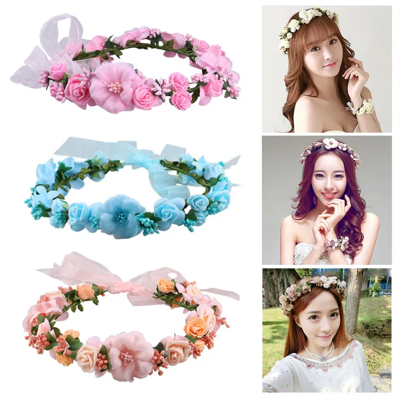 

New Style Artificial Flower Floral Garland Wreth Headpieces with Ribbon Bride Bridesmaid Beach Wedding Party Hair Ornaments