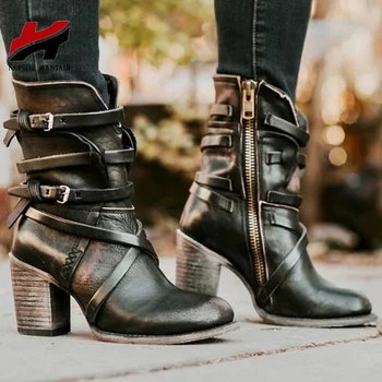 

NAN JIU MOUNTAIN Autumn Winter High-Heeled Women's Boots Retro Buckle Side Zipper Martin Boots 5 Colors Thick heel Mid Boots