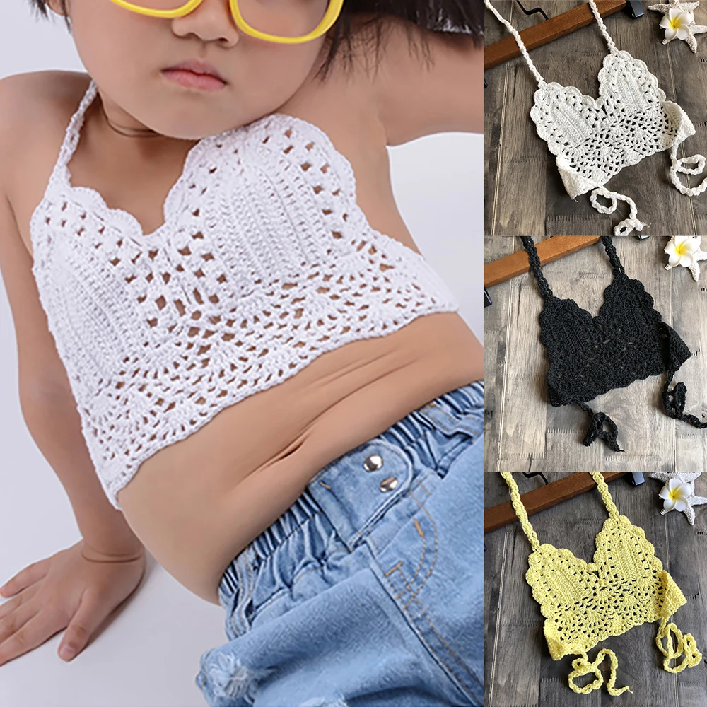 

2020 Fashion Children Crochet Bikini Top Sexy Hollow Out Halter V-neck Lace Tops Crochet Girls Baby Bikini Cotton Bra Free Ship