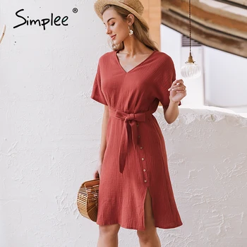 

Simplee Elegant v neck women dress Streetwear strap buttons cotton summer dress Work wear solid batwing sleeve office dress 2020