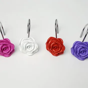 

12Pcs/Set Rose Flower Resin Shower Curtain Hook Hand Crafted Home Decorative Shower Curtain Track Hooks Curtain Accessories