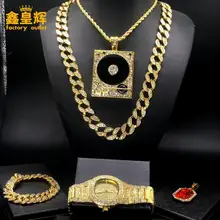 Бриллиантовая инкрустированная Роскошная кубинская цепочка комбинированный костюм, ожерелье фонограф, золотой браслет, мужские часы Новые+ драгоценный камень кулон