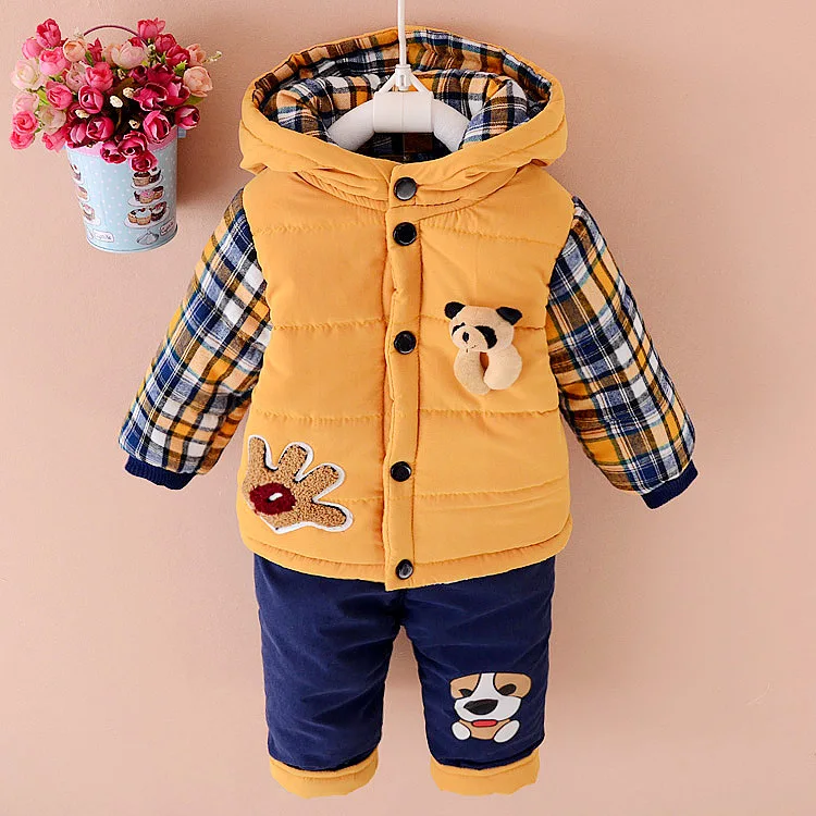 Новая зимняя одежда для маленьких девочек, комплект одежды для маленьких мальчиков, теплое Детское пальто с капюшоном и рисунком животных, штаны комплект одежды для детей От 1 до 3 лет - Цвет: Yellow