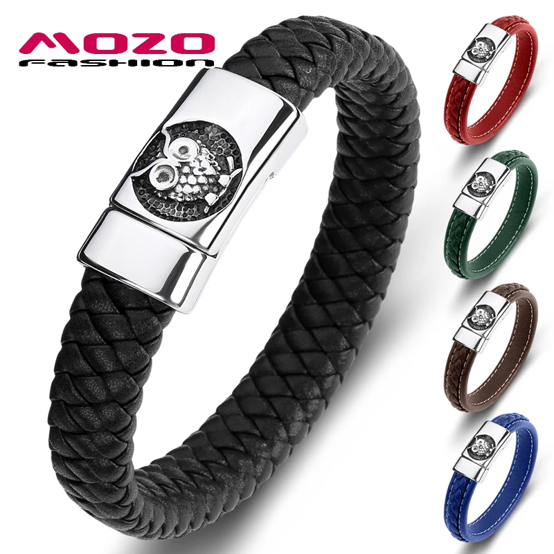 MOZO FASHION 2020 Men Bracelet Black Genuine Leather Stainless Steel Magnet Buckle High Quality Owl Punk Jewelry Gifts 091