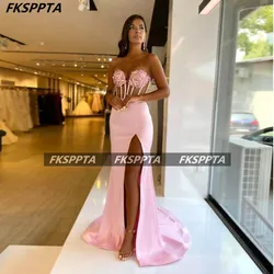 Wholesale Pink Mermaid Long 2021 New Prom Dresses Sweetheart Side Slit Flowers Satin Formal Women Gowns For Wedding Party