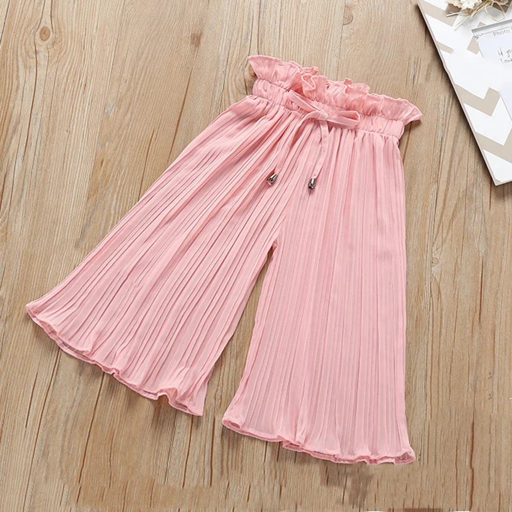 

Middle and big children's solid color chiffon wide-leg pleated avoid mosquito pants summer wild comfortable strap solid S4