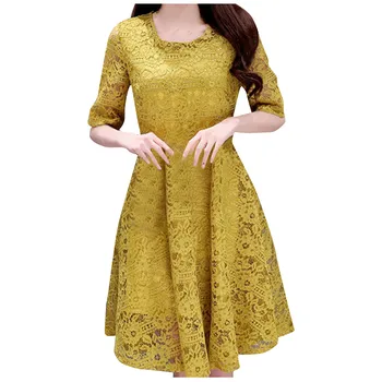 

dress women dress Fashion Women Solid Color Lace Plus Size Cut out Half sleeves Dress платье платье женское Free ShippingD4