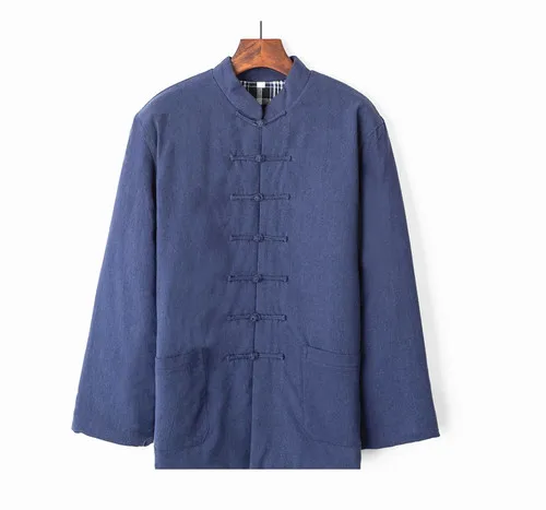 Китайское Стильное мужское пальто с хлопковой подкладкой, однобортное, стоячий воротник, одежда для папы, папы, зимняя теплая парка T200 - Цвет: Navy