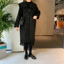 Новинка года, стильный осенне-зимний теплый однобортный шерстяной плащ в Корейском стиле с темно-синим воротником для фотосессии