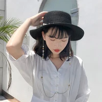 2021 Summer Elegant Pearl Chain Flat Sun Hats For Women Chapeau Feminino Straw Hat Panama Wide Brim Anti-UV Beach Cap Girl Topee 3