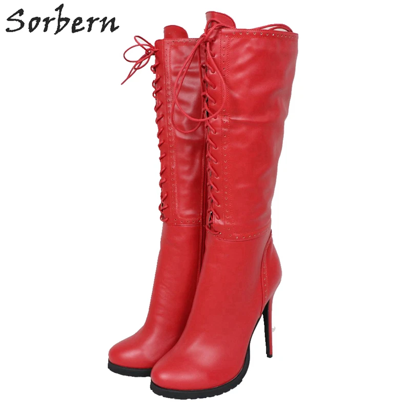 Sorbern/черные сапоги до колена; обувь на платформе; женские зимние сапоги на высоком каблуке с острым носком и боковой молнией; цвет на заказ; большие размеры 33-46 - Цвет: Красный