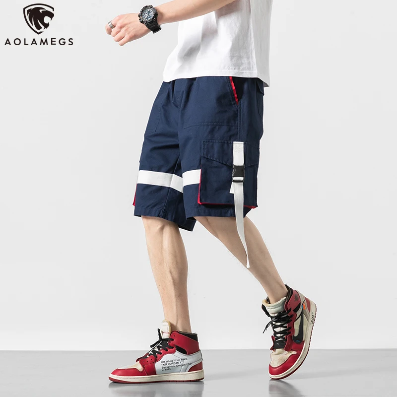 

Aolamegs Men shorts Harajuku Casual Cargo shorts Color Block Hip Hop Sweatpant Oversize Baggy Fashion Big Pocket Pant Streetwear