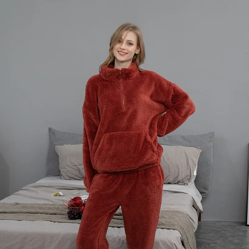 Pajamas Flannel Loungewear Autumn and Winter Solid Color Couples Home Service Set Thick Coral Fleece Pajamas Set