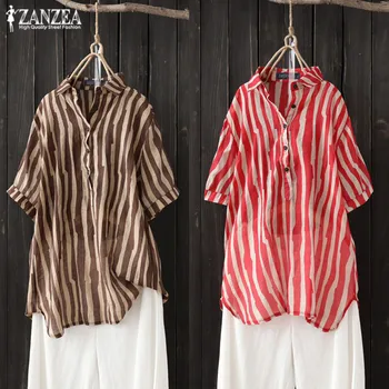 

Plus Size Tunic Striped Shirts Women's Summer Blouse 2020 ZANZEA Vintage Tops Button Chemise Female Short Sleeve Work Blusas