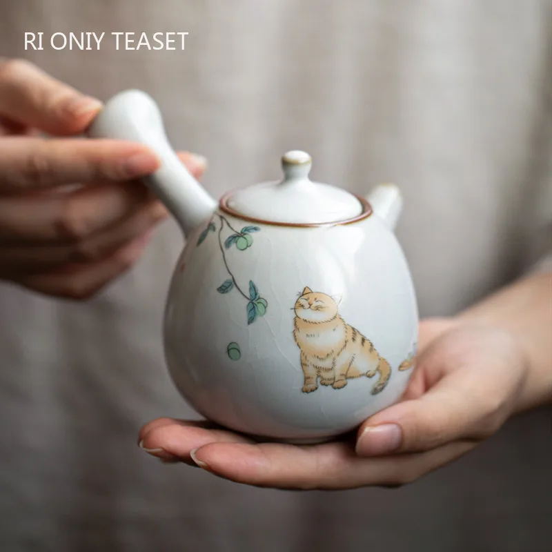 230ml Chinese Ru Kiln Side Handle Teapots Handmade Cute Cat Pattern Ceramic Kettle Travel Portable Filter Tea Pot Home Set | Дом и сад