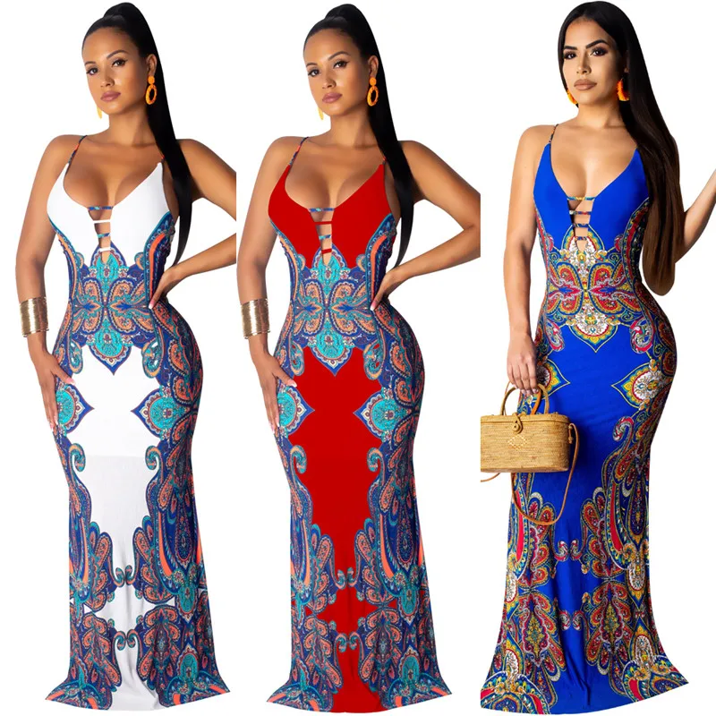 

Fashion ethnic print hollow cut-out sling sleeveless 3 color s-xxl mopping long dress