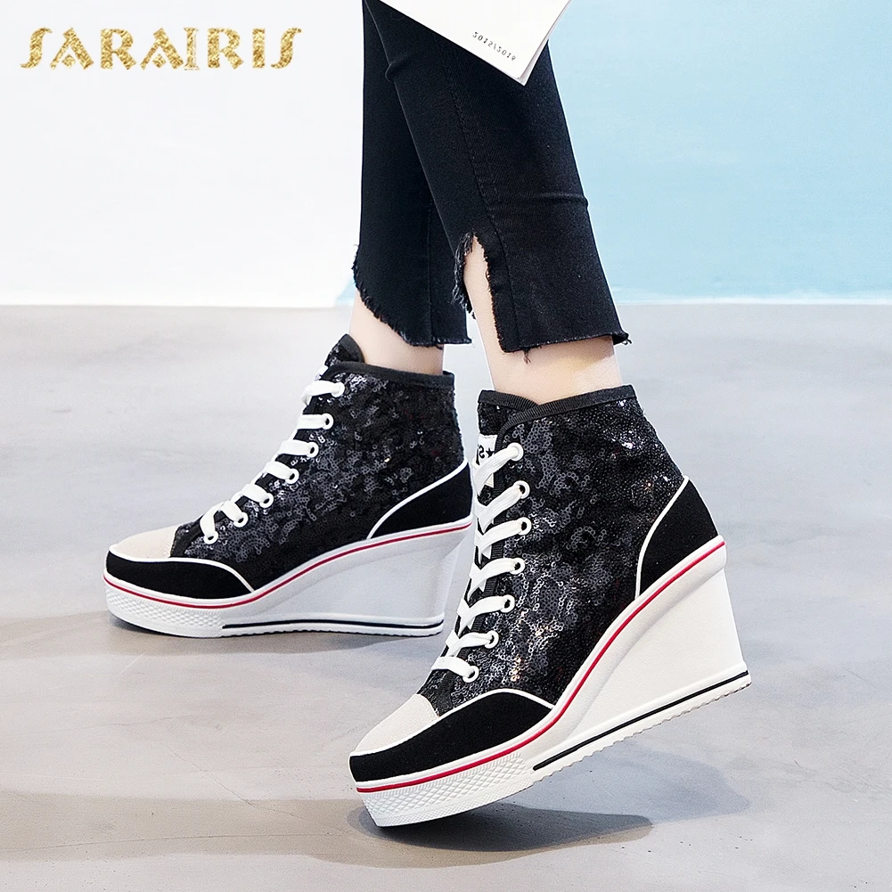 

Sarairis 2020 New Fashion Canvas Fabric Wedges High Heels Pumps Women Shoes Lace-Up Platform Bling Shoes Woman Pumps Female