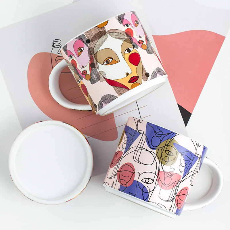 

ceramic coffee mug 430ml ins popular Europe style cups and mugs with lids home office use gift box water drinkware face printed