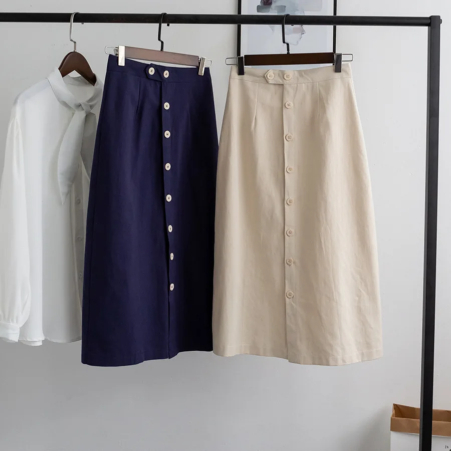 Осенняя Новая женская хлопоковая длинная юбка с высокой талией на одной пуговице юбки Saia Женская прямая юбка Faldas Jupe Femme