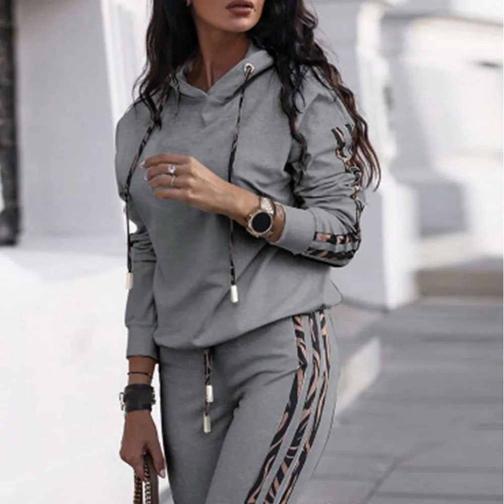 

Autumn Winter Tracksuit Women Two Piece Set Hooded PU Long Sleeve Sweatshirt Top and Pants Leisure Sports Suit Casual Outfits
