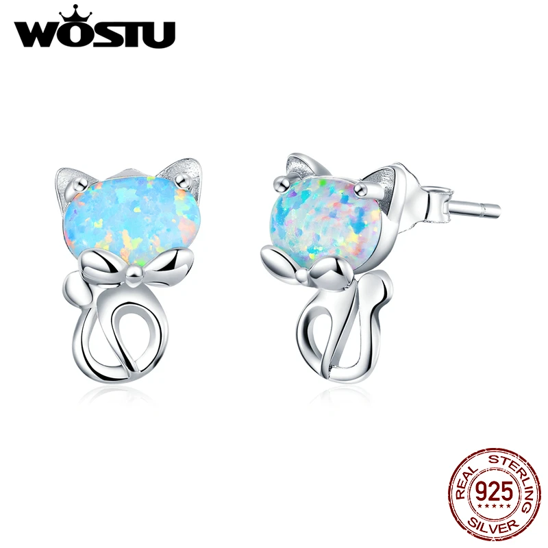 

WOSTU Authentic 925 Sterling Silver Cute Cat Opal Stud Earrings For Women Lovely Small Earrings Wedding Jewelry Gift BKE828