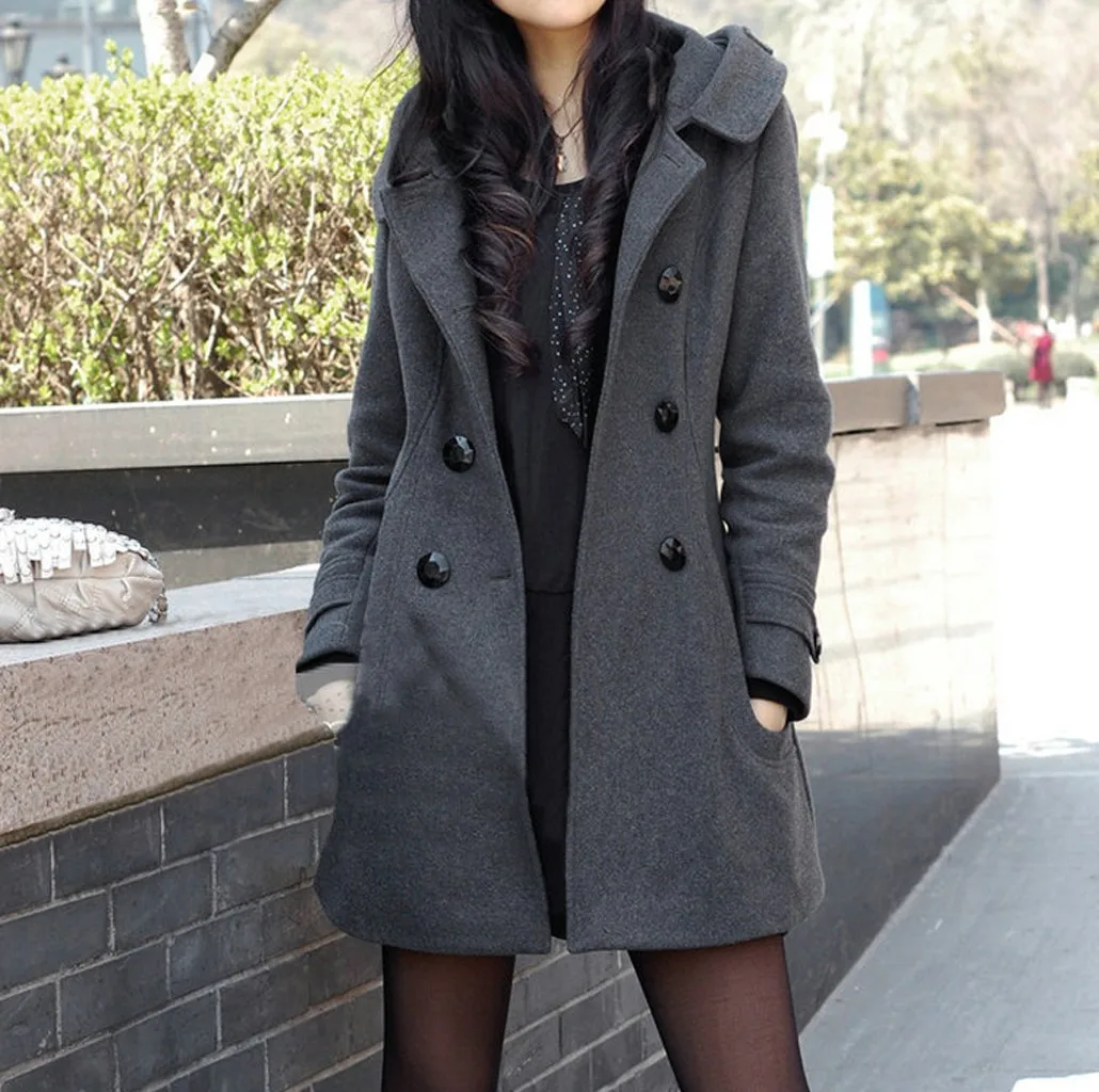 Женское зимнее шерстяное пальто с длинным рукавом, Женское пальто в европейском стиле, большие размеры, женское осеннее повседневное тонкое двубортное плотное пальто с капюшоном#924