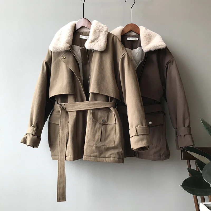 

2019 Winter Women Coat New Imitation Velvet Collar Jaclets Women's Hanchic Clip Cotton Plus Thick Warm Outerwear