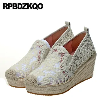 

black size 4 34 platform shoes espadrilles ladies white lace wedge pumps 3 inch beige casual round toe 33 brand 2019 high heels