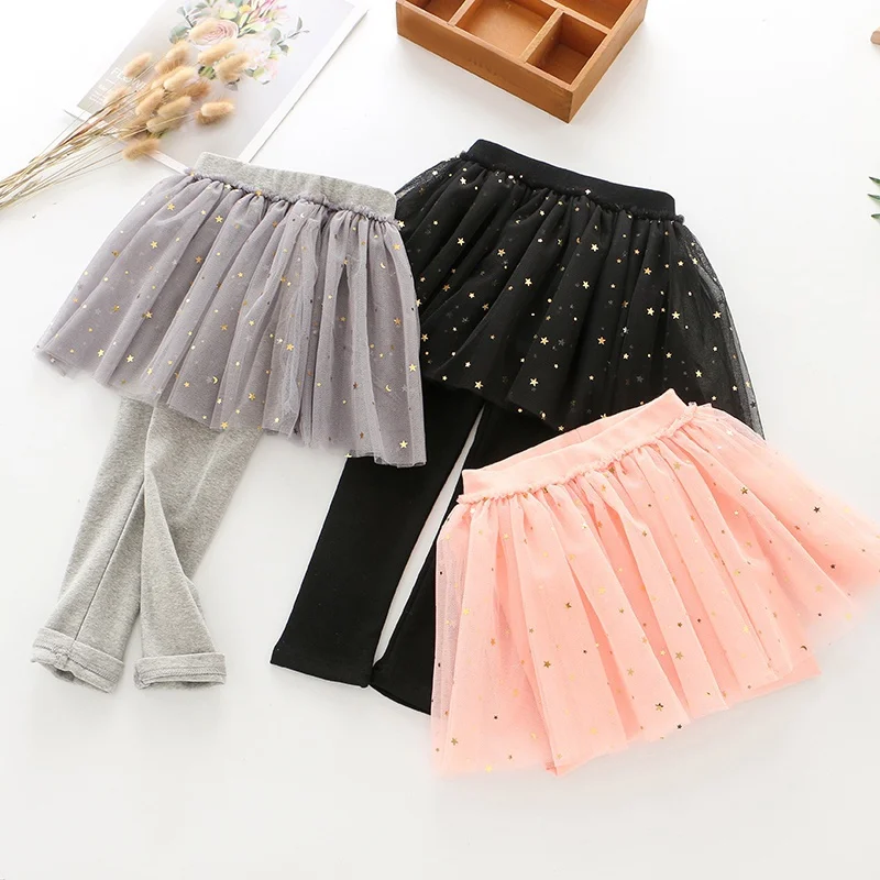 

Autumn Toddler Baby Kids Cotton Leggings Girl Cute Star Sequins Print Mesh Skirt Pants Skinny Long Bottoms