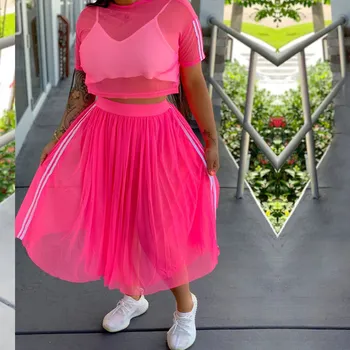 

Striped Mesh Sexy 2 Piece Skirt Set Women Two Piece Outfits Casual Neon Green Pink Matching Sets