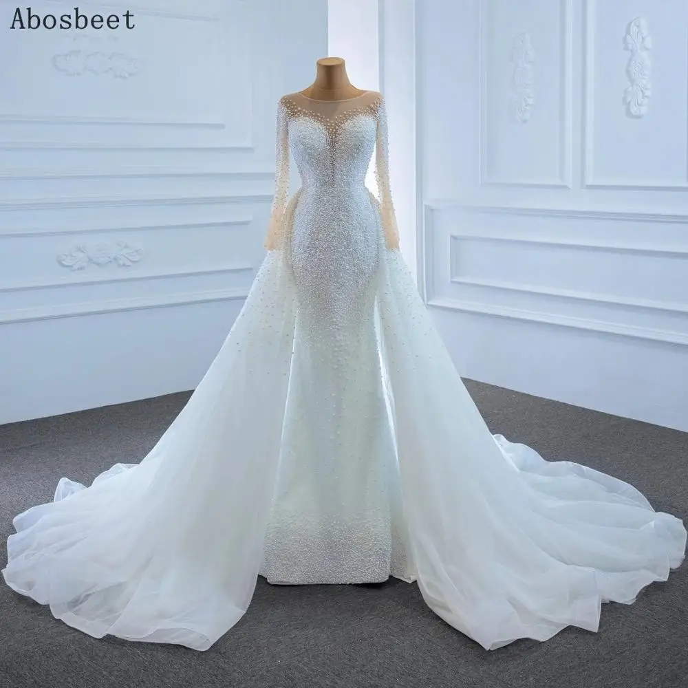Long Sleeve Wedding Dresses Mermaid with Train Pearls Beads Lace Up Back Gowns for Bridal 2021 Ivory Robe Mariee | Свадьбы и