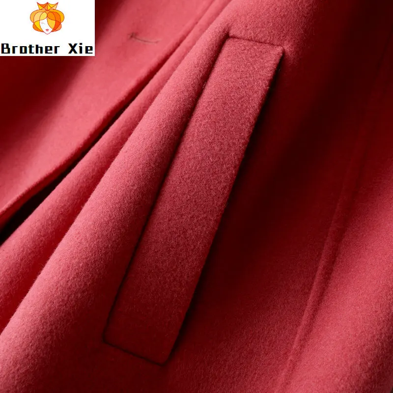 

100% Wool coat handmade net red double-sided cashmere overcoat women's mid long 2020 new Korean pink round neck loose wool coat