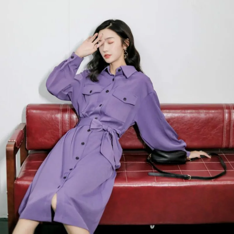 Women Clothes Spring Autumn Purple Solid Single-breasted Lace Up Elegant Casual Loose Lapel A-Line Shirt Long Dresses Vestidos