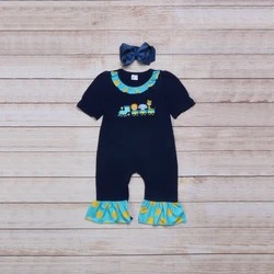 Vêtements d'été pour filles, barboteuse élastique à manches courtes, bleu marine, avec traîne, Lion, éléphant et girafe brodés, pour bébés 