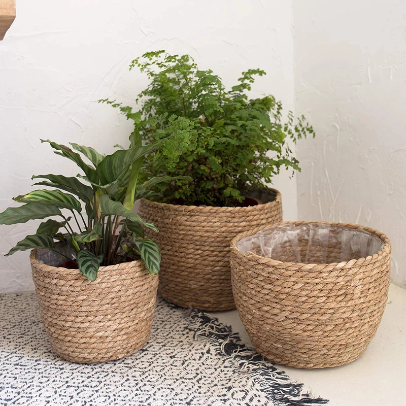 Cesta de paja para plantas y flores, cubierta de macetas de flores para interior y exterior, contenedores para plantas plantables FU