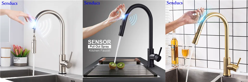 Touch Kitchen Faucet Senducs Pull Down Brushed Sensor Kitchen Mixer Tap Quality 304 Stainless Steel Touch Kitchen Sink Faucets