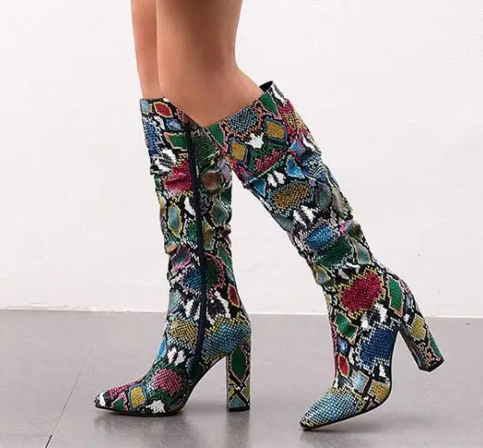 fashion woman colorful snake print chunky high heel pointed toe knee high boots woman