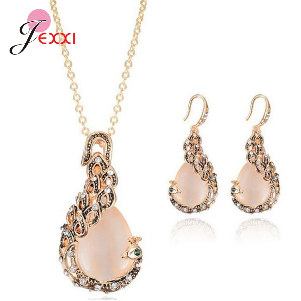 High Quality Gold Color Austrian Crystal Classic Opal Stone Waterdrop Necklaces Pendant Earrings Jewelry Set New 2020 Arrival | Украшения и