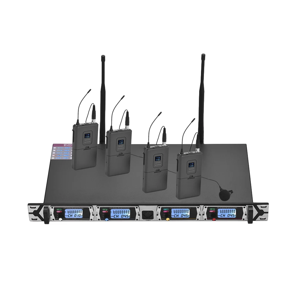 

New Muslady D4-1 Professional 4-Channel UHF Wireless Microphone System Includes 4 Lapel Microphones with Bodypack Transmitters