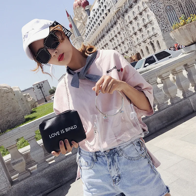 

2018 New Style Circular Ring Hand Laser Bag Korean-style Transparent Square Sling Bag Chain Different Size Bags Shoulder WOMEN'S