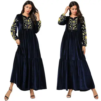

Velvet Abaya Muslim Women Embroidery Long Dress Vintage Pleated Kaftan Jilbab Islamic Maxi Party Gown Morocco Turkey Abayas Robe